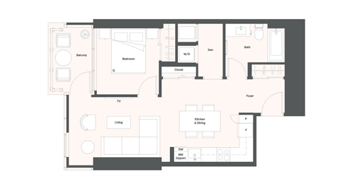 Floor plan for 1 bed, 1 bath, 611 sqft